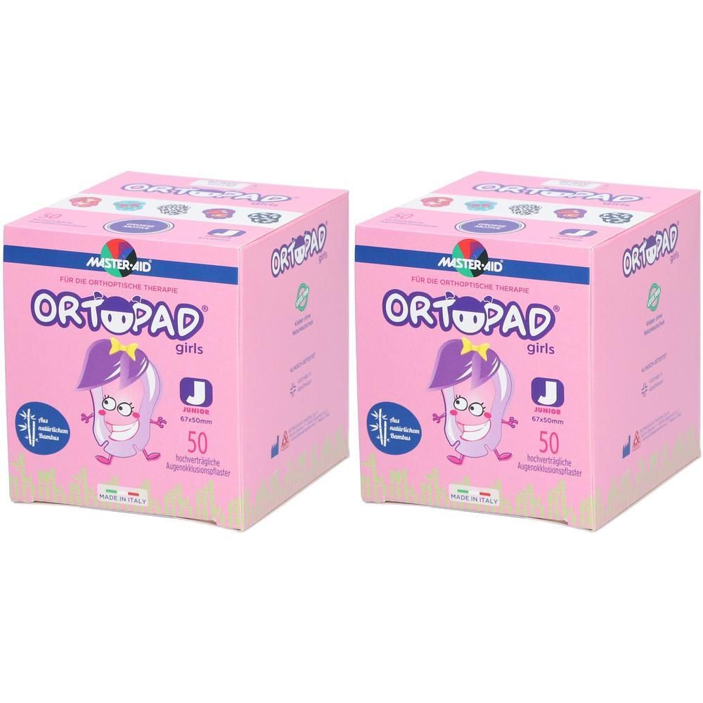 Zwei rosa Kartons mit ORTOPAD-Aufdruck. Auf jedem Karton steht "girls" und "50". Das Logo zeigt ein Cartoon-Gesicht.