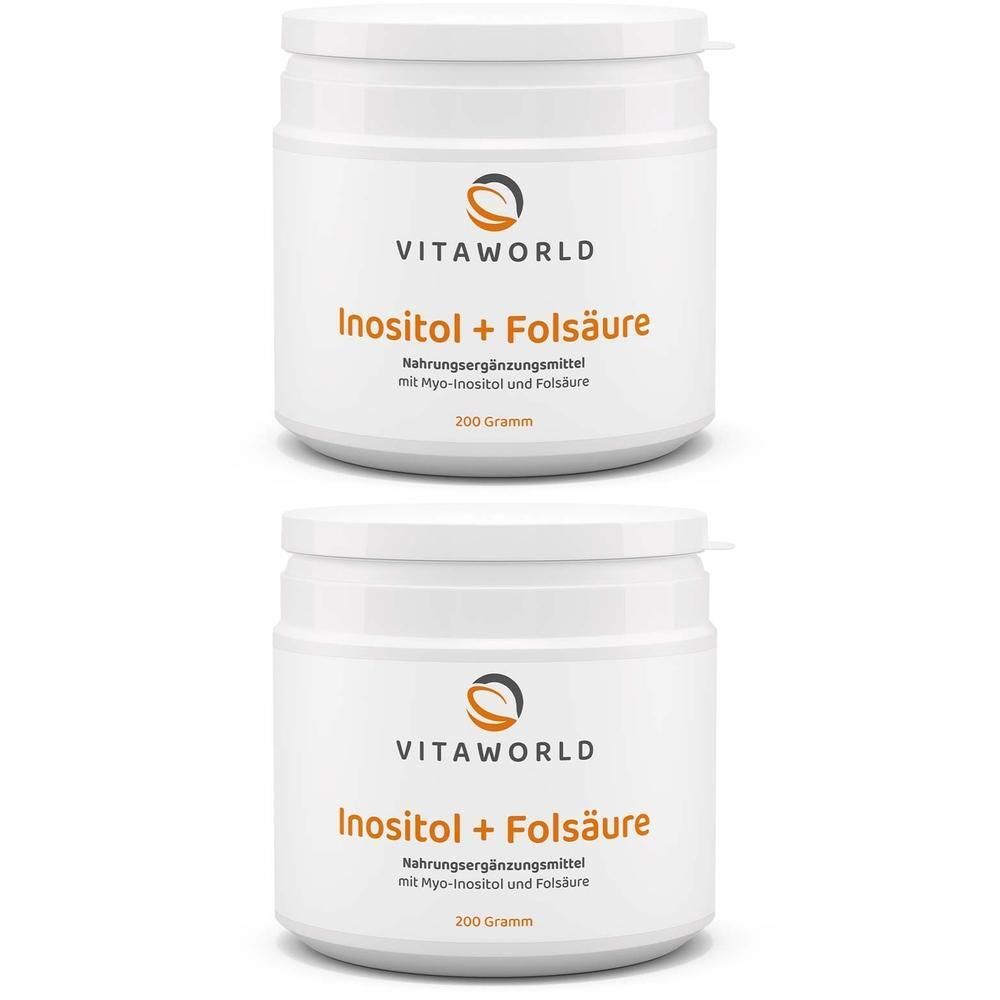 Zwei weiße Dosen mit Deckel. Aufschrift: Inositol + Folsäure, Vita World Logo. 200 Gramm.