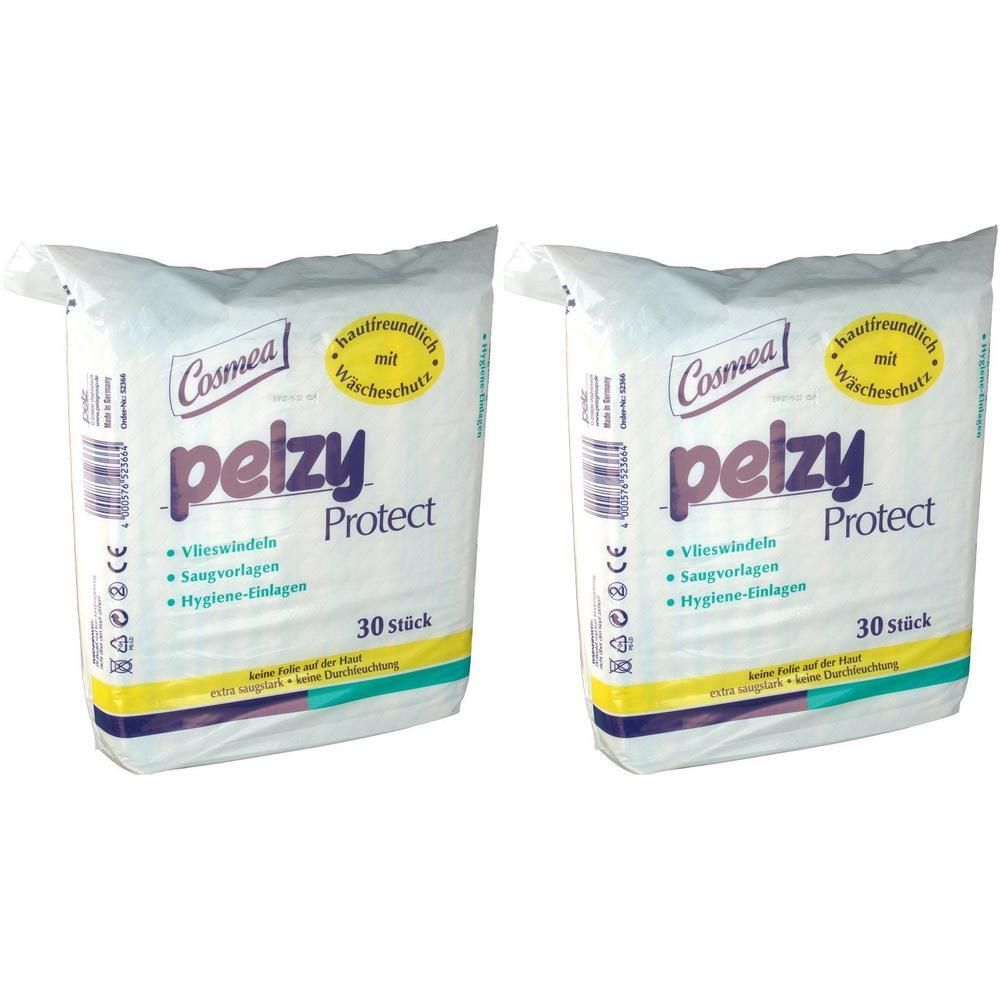 Zwei Packungen Cosmea pelzy Protect. Weiße Verpackung mit lila Schriftzug. Enthält 30 Stück. Hautfreundlich mit Wäschesschutz.