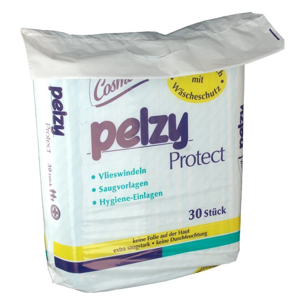 Cosmea pelzy Protect Packung, weiß mit lila Schriftzug. Enthält 30 Stück. Hautfreundlich mit Wäschesschutz. Geöffnete Verpackung.