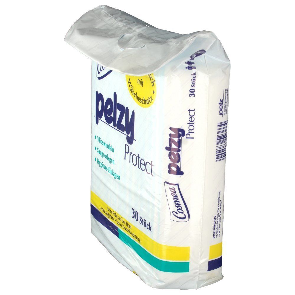 Cosmea pelzy Protect Packung, weiß mit lila Schriftzug. Enthält 30 Stück. Hautfreundlich mit Wäschesschutz. Geöffnete Verpackung, schräg.