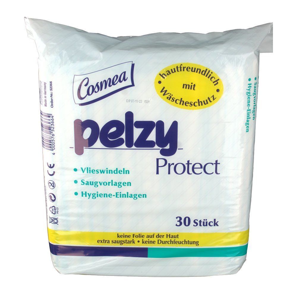 Cosmea pelzy Protect Packung, weiß mit lila Schriftzug. Enthält 30 Stück. Hautfreundlich mit Wäschesschutz. Vorderansicht.