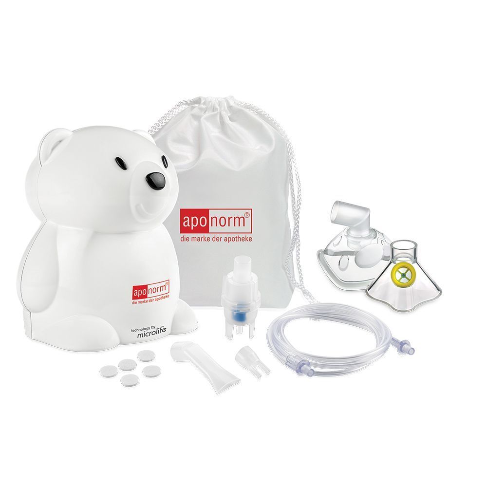 Aponorm® Inhalator Compact KIDS in Bärenform. Zubehör: Beutel, Maske, Mundstück, Schlauch, Filter. Marke: apo norm.