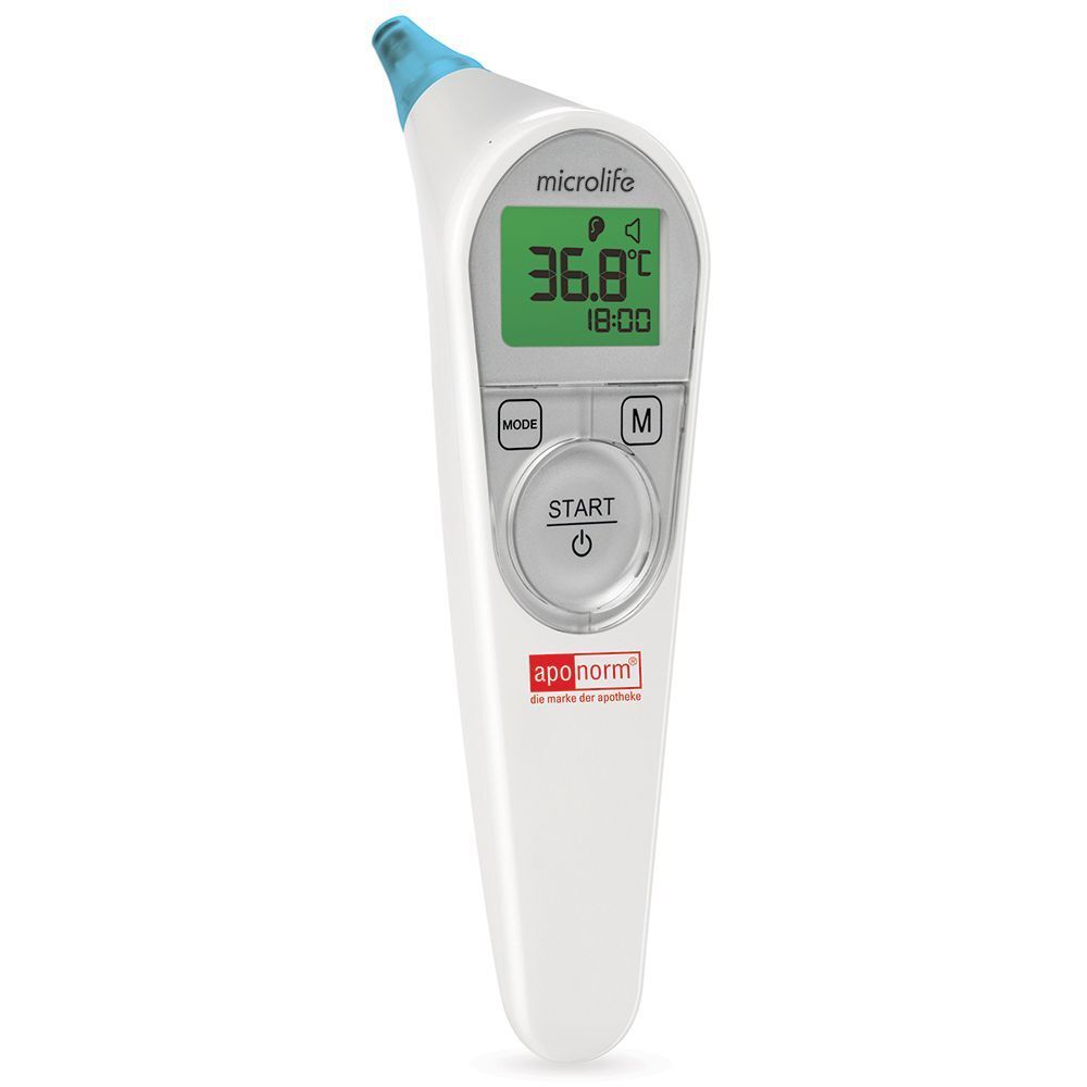 Weißes Ohr-Thermometer mit Display. Zeigt Temperatur und Uhrzeit. Start-Taste und Logo. Blaue Spitze.