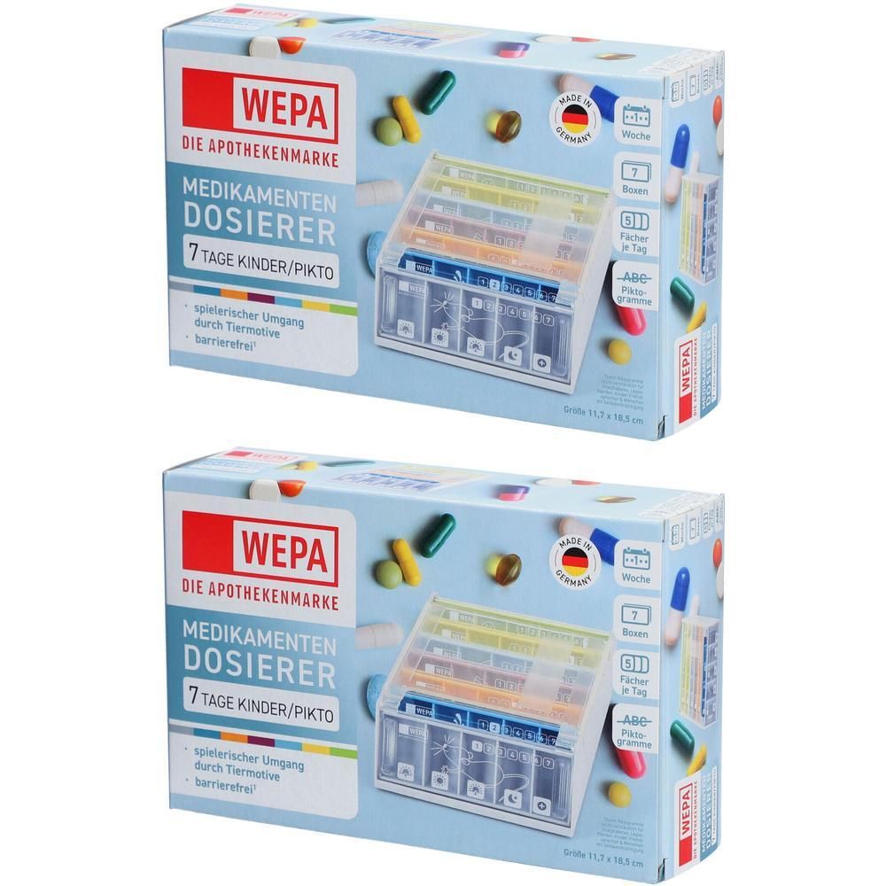Medikamenten Dosierer für Kinder. Verpackung mit Produktabbildung und Pillen. 7 Tage Dosierung. Mit Piktogrammen. Made in Germany.
