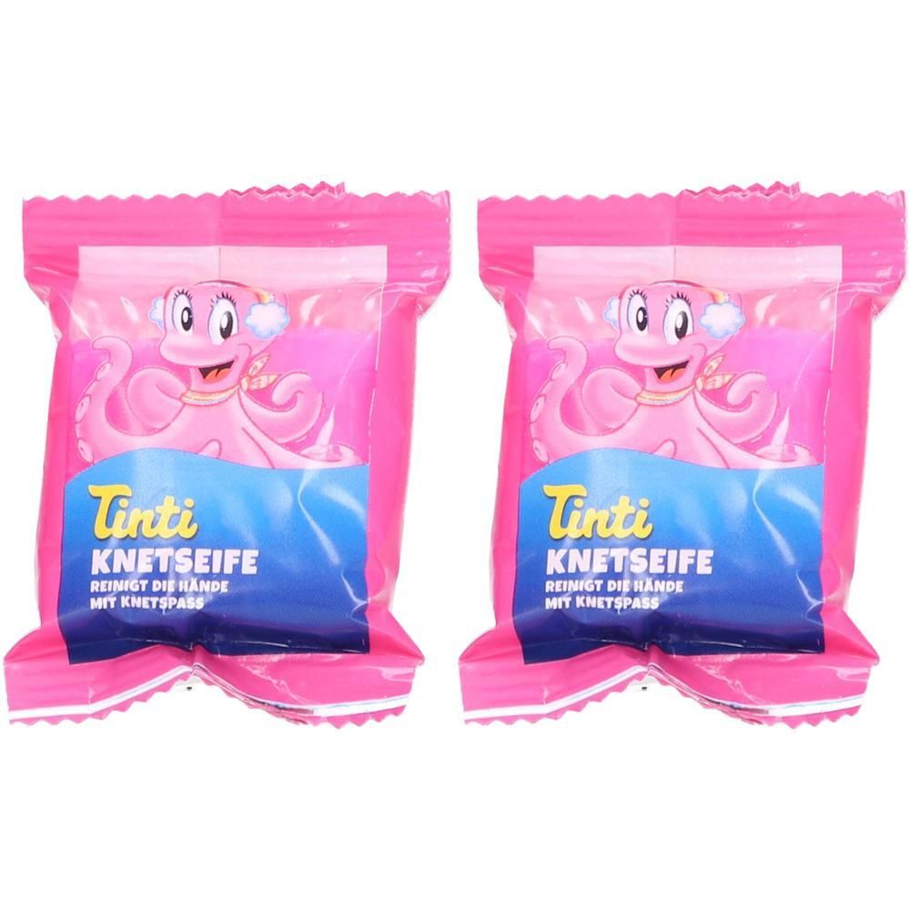 Zwei rosa verpackte Tinti Knetseife-Packungen. Auf jeder Packung ist ein rosa Oktopus-Cartoon abgebildet. Text: Tinti Knetseife.