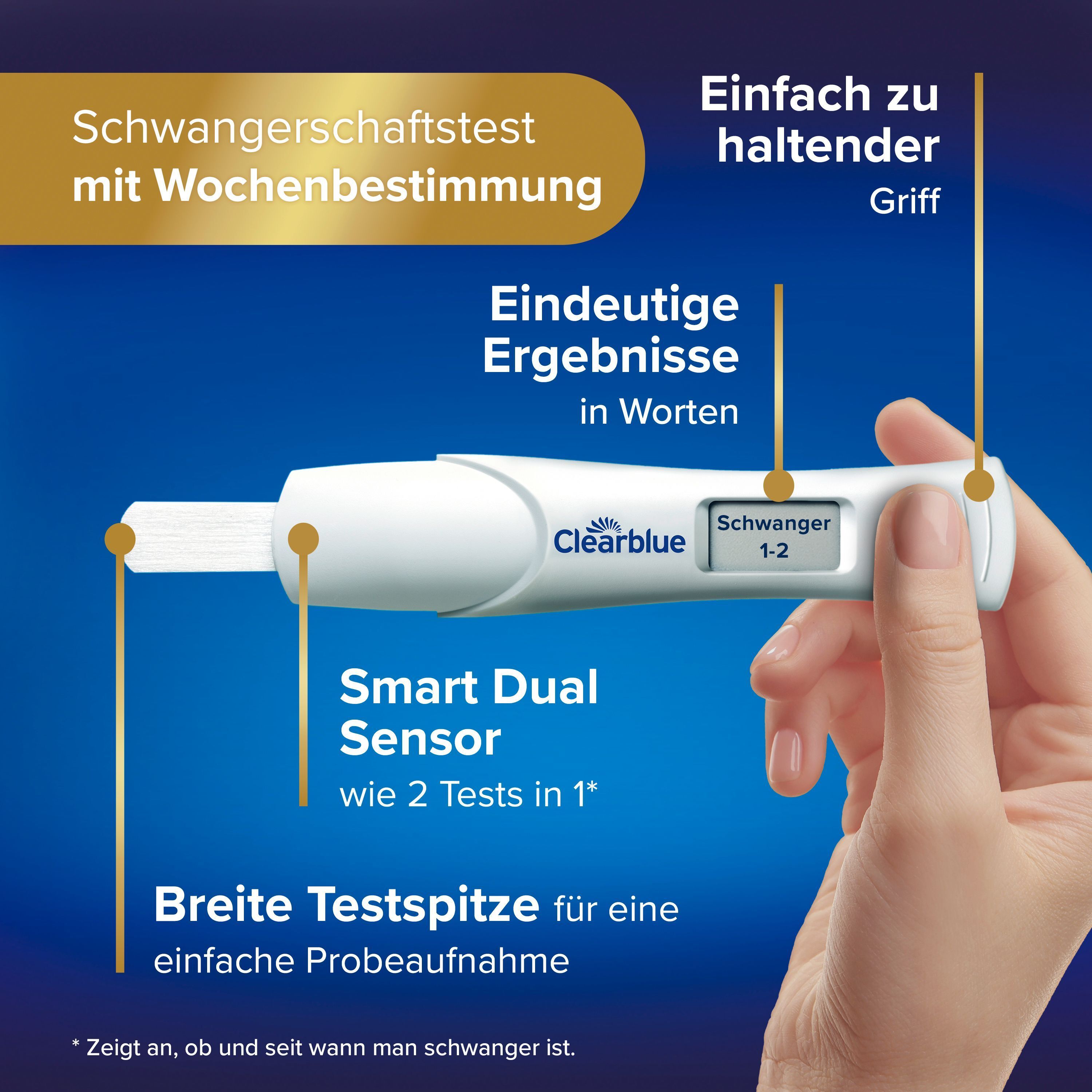 Nahaufnahme eines CLEARBLUE Schwangerschaftstests. Weißes Gerät mit blauem Griff. Text: Schwanger 1-2, Smart Dual Sensor.