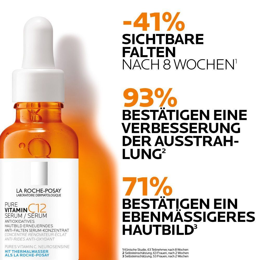 ROCHE-POSAY Pure Vitamin C12 Serum. Text: -41% sichtbare Falten nach 8 Wochen. 93% bestätigen eine Verbesserung der Ausstrahlung. 71% bestätigen ein ebenmäßigeres Hautbild.