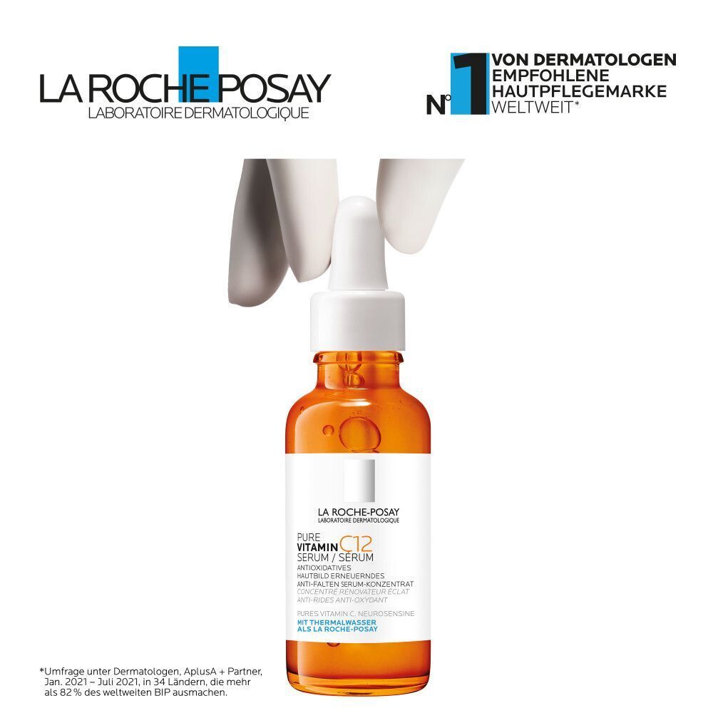 ROCHE-POSAY Pure Vitamin C12 Serum mit Tropfer. Logo von LA ROCHE-POSAY. Text: Von Dermatologen empfohlen. Flasche auf weißem Hintergrund.