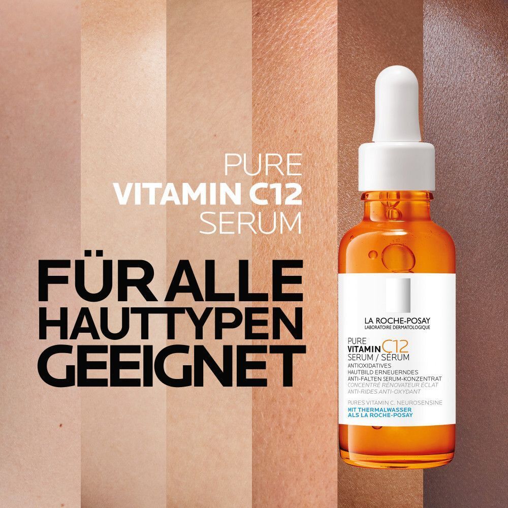 ROCHE-POSAY Pure Vitamin C12 Serum. Text: Für alle Hauttypen geeignet. Orangefarbene Glasflasche mit Tropfer. Auf braunem Hintergrund.