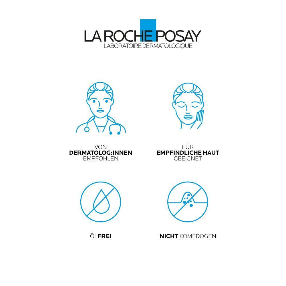 Logo LA ROCHE-POSAY. Illustrationen: Von Dermatologen empfohlen, für empfindliche Haut geeignet. Ölfrei, nicht komedogen. Symbole.
