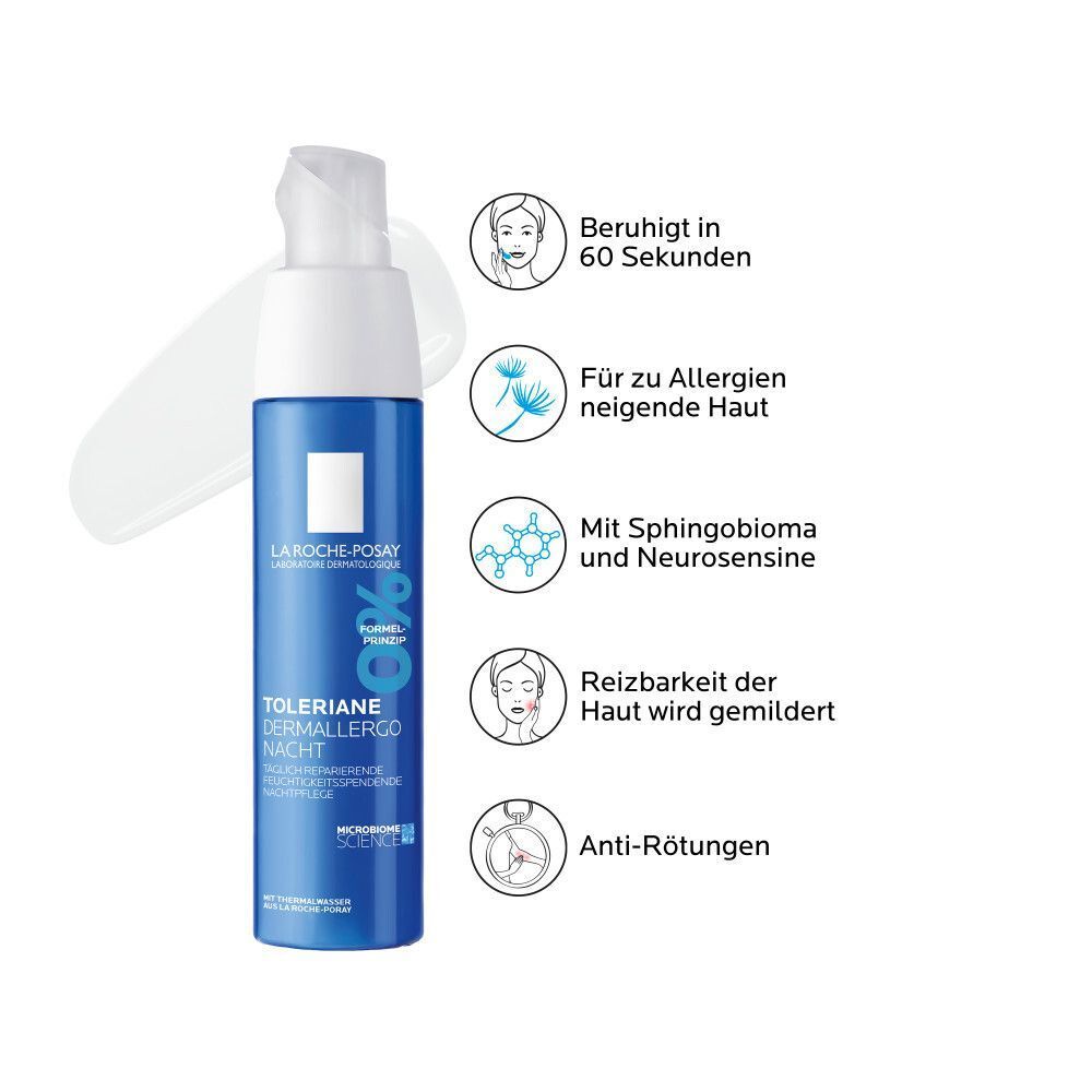 Blaue Flasche ROCHE-POSAY Toleriane Dermallergo Nachtcreme. Text: Beruhigt in 60 Sekunden, für allergieanfällige Haut.