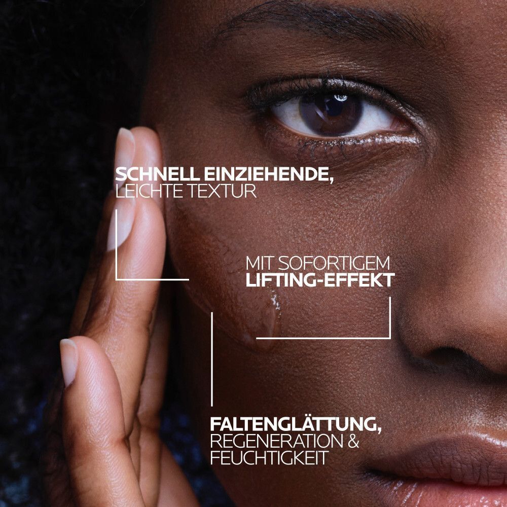 Gesicht einer Frau. Text: Schnell einziehende, leichte Textur. Mit sofortigem Lifting-Effekt. Falten Glättung, Regeneration.