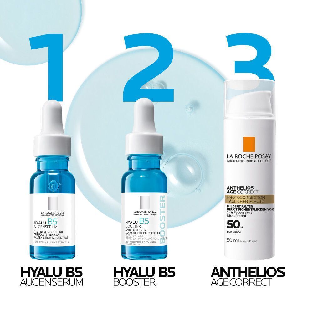 Drei Produkte. Hyalu B5 Augenserum, Hyalu B5 Booster, Anthelios Age Correct. Text: Hyalu B5 Augenserum, Hyalu B5 Booster.