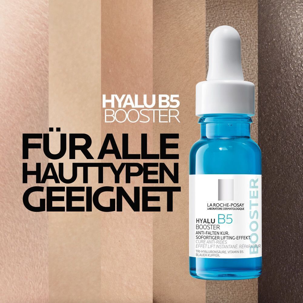Hyalu B5 Booster Flasche. Text: Für alle Hauttypen geeignet. Text: Anti-Falten Kur. Sofortiger Lifting-Effekt.