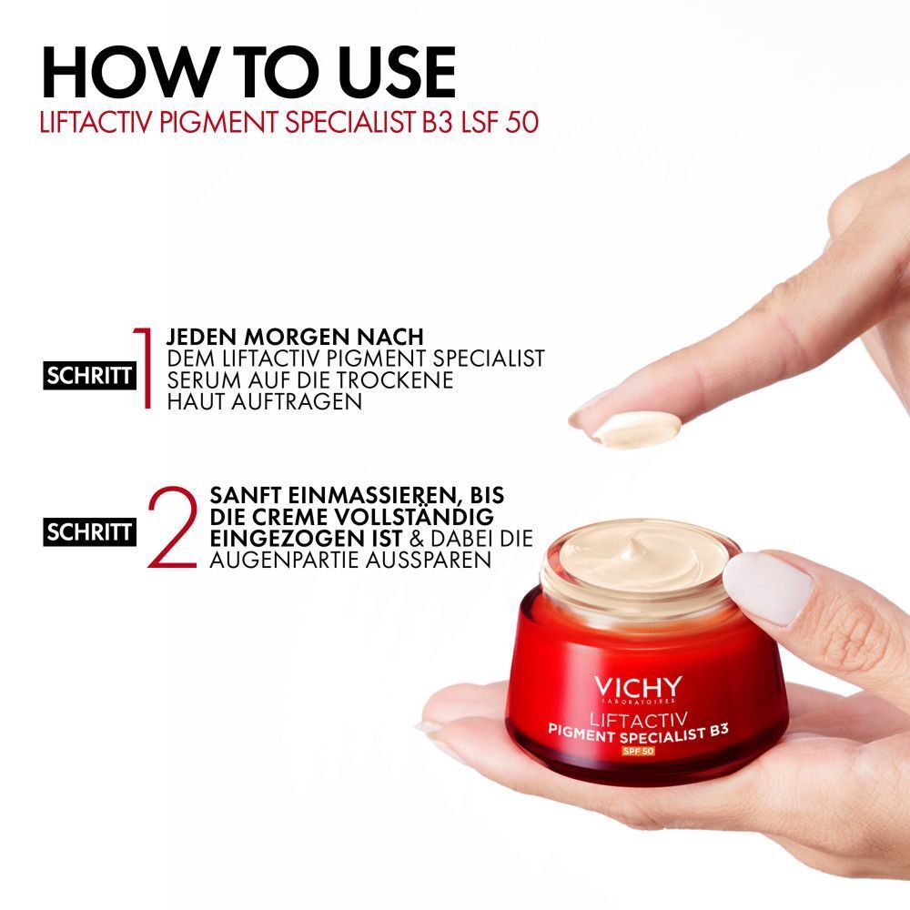 Hand mit Creme auf dem Finger. Roter Tiegel: VICHY LIFTACTIV PIGMENT SPECIALIST B3 LSF 50.