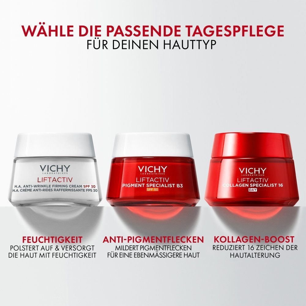 Drei Tiegel: Anti-Falten, Anti-Pigmentflecken, Kollagen-Boost. Aufschrift: VICHY LIFTACTIV.