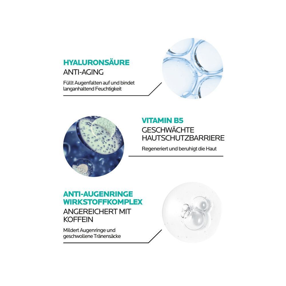 Inhaltsstoffe: Hyaluronsäure, Vitamin B5, Anti-Augenringe-Wirkstoffkomplex mit Koffein. Transparente Flüssigkeit.