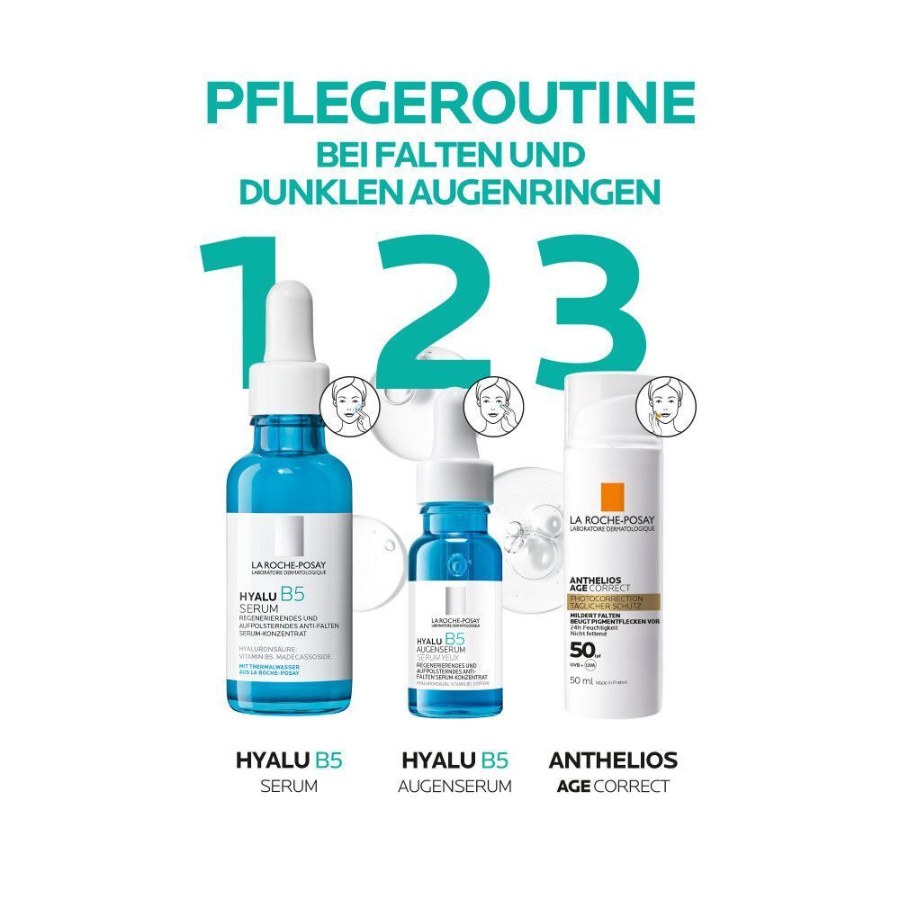 Pflegeroutine: Hyalu B5 Serum, Hyalu B5 Augenserum, Anthelios Age Correct. Produkte in Flaschen.