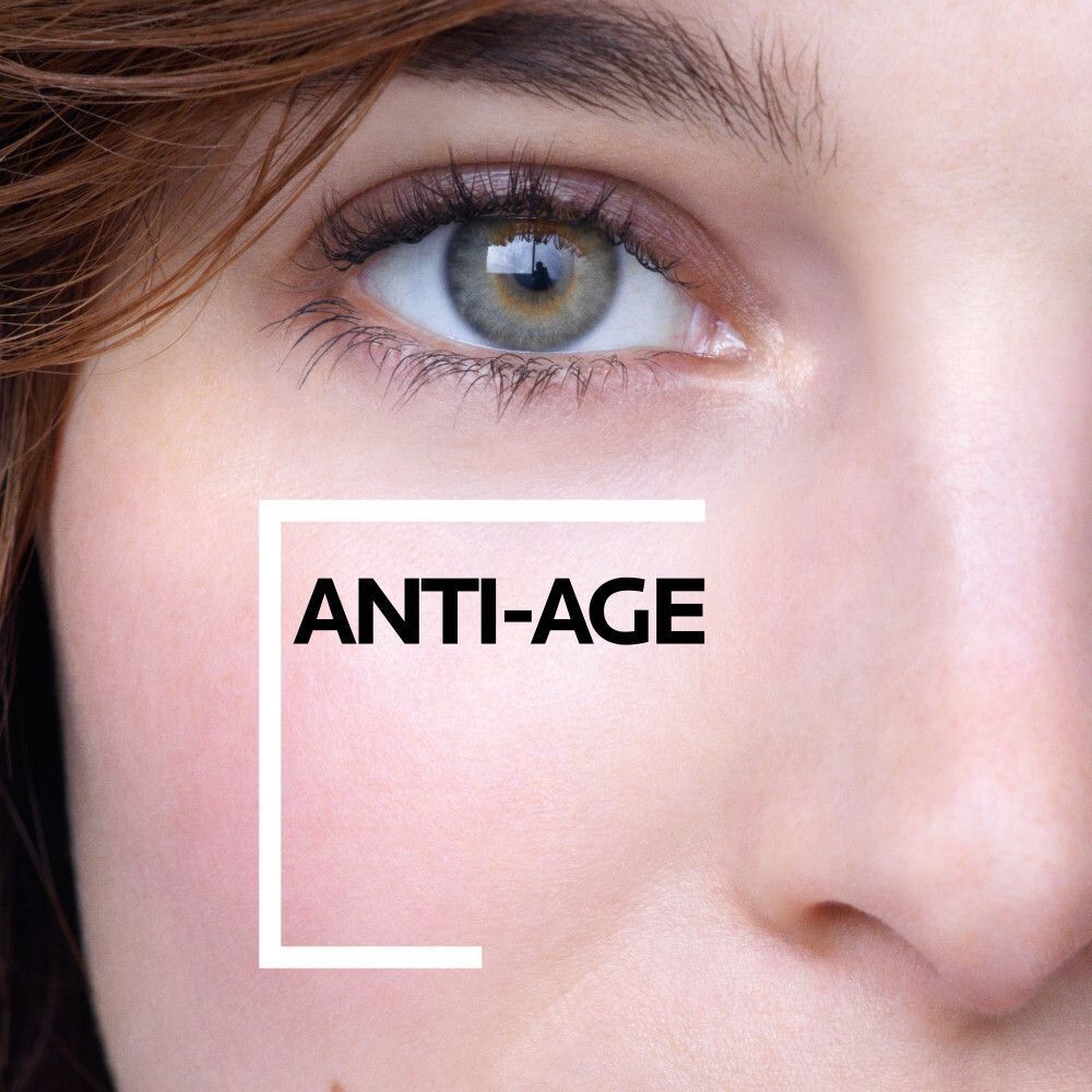 Gesicht mit Text: ANTI-AGE. Hautausschnitt mit weißem Rahmen.