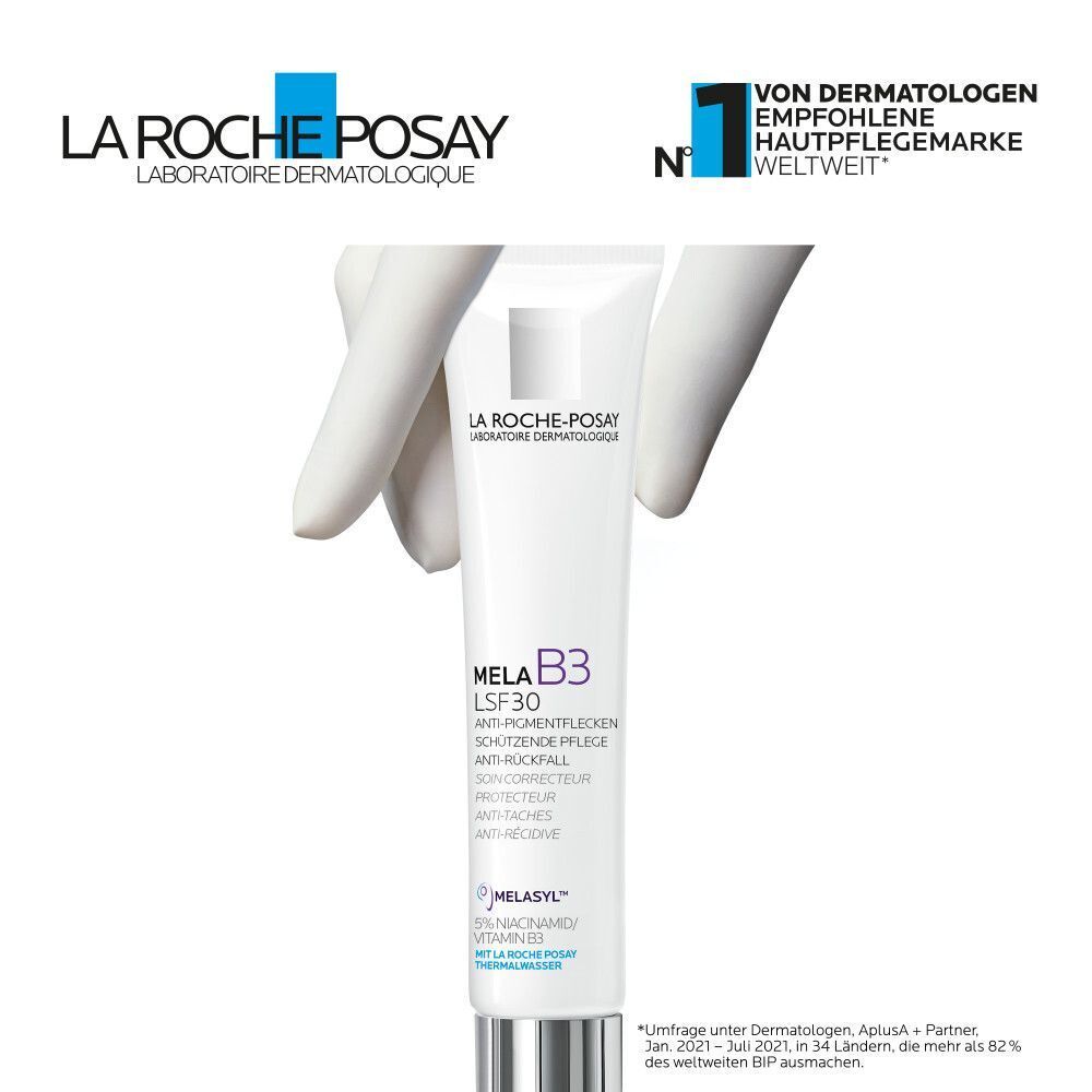 Eine Hand hält eine Tube ROCHE-POSAY MELA B3 LSF 30. Logo ROCHE-POSAY. Text: Von Dermatologen empfohlen. Weltweit führende Hautpflegemarke.