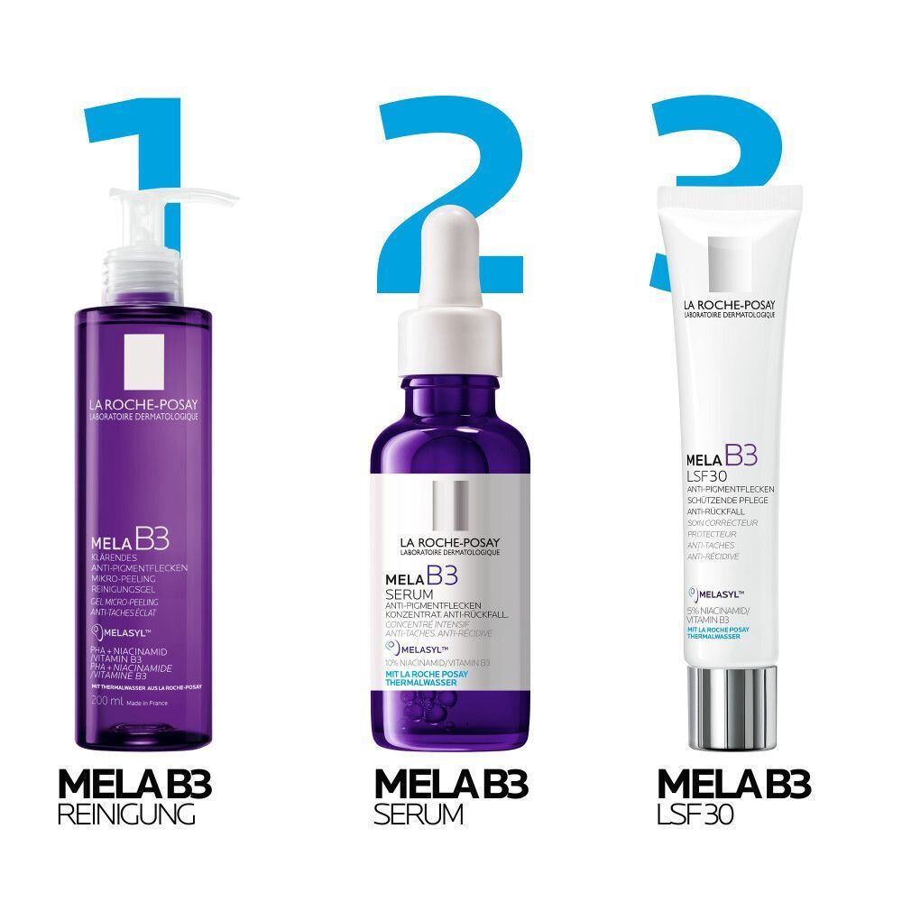Drei Produkte: MELA B3 Reinigung, Serum und LSF 30. Alle Produkte haben das MELA B3-Logo und sind in verschiedenen Verpackungen.