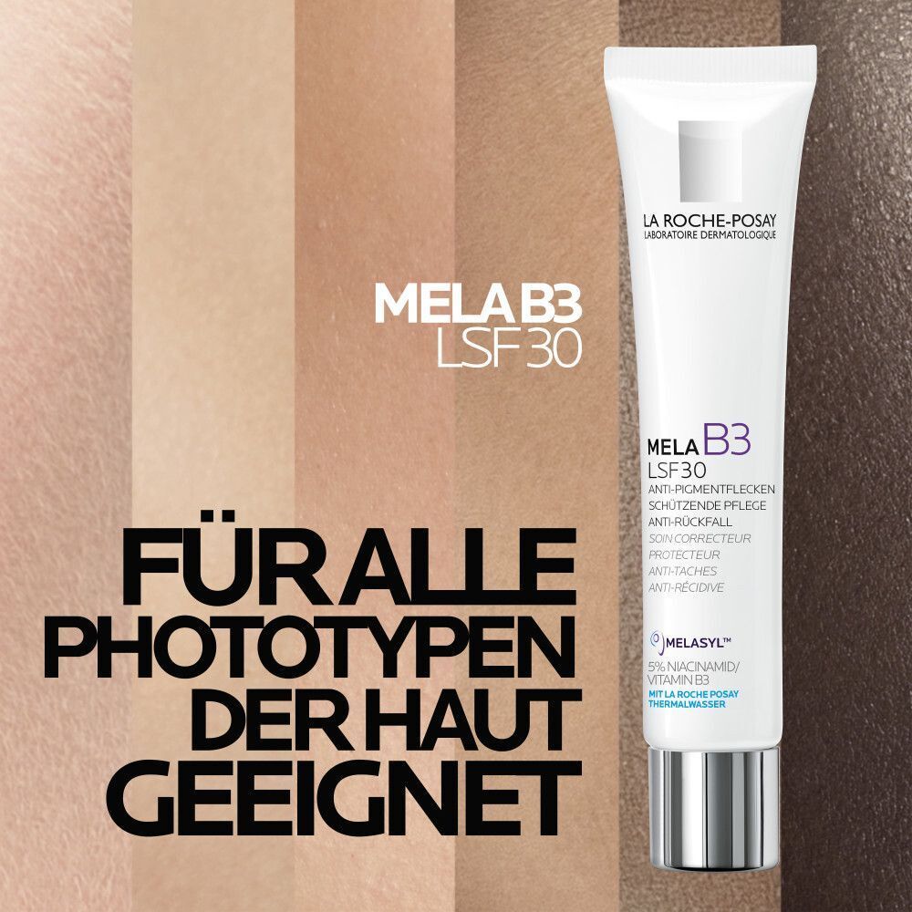 Eine Tube ROCHE-POSAY MELA B3 LSF 30. Text: Für alle Phototypen der Haut geeignet.