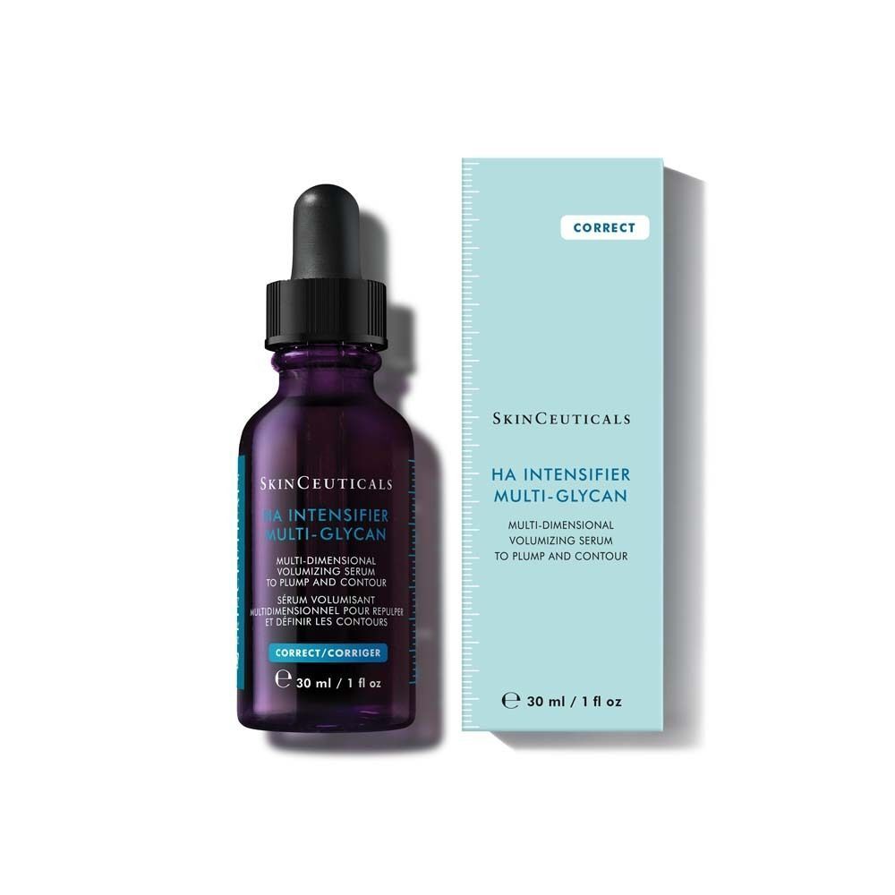 SKINCEUTICALS H.A. Intensifier Multi-Glycan Serum-Flasche und Schachtel. Lila Flasche mit Pipette. Text: H.A. Intensifier Multi-Glycan.