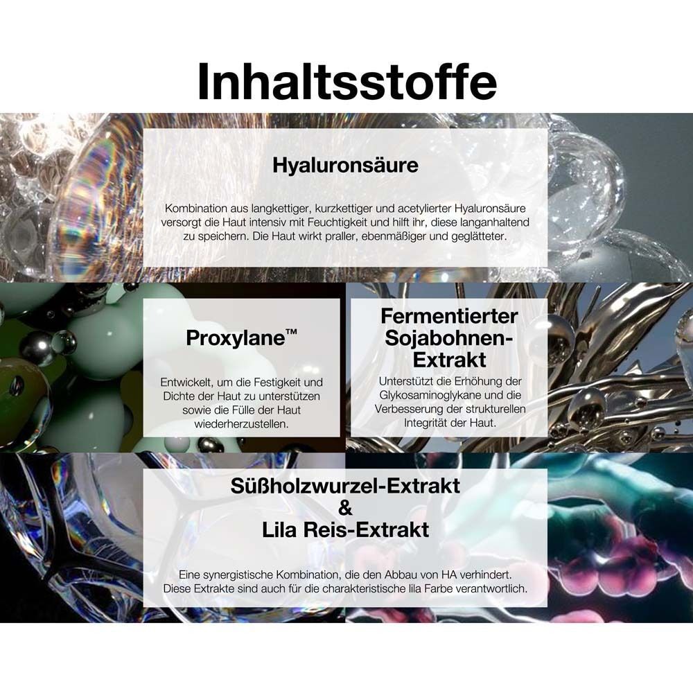 Inhaltsstoffe des SKINCEUTICALS H.A. Intensifier Multi-Glycan Serums. Text: Hyaluronsäure, Proxyane, fermentierter Sojabohnen-Extrakt.