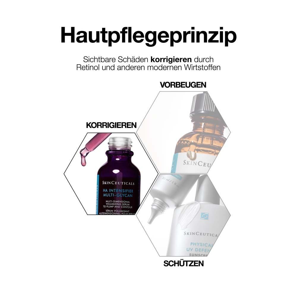 Hautpflegeprinzip mit SKINCEUTICALS Produkten. Produkte: H.A. Intensifier Multi-Glycan, Ultra Facial UV Defense, Retinol.
