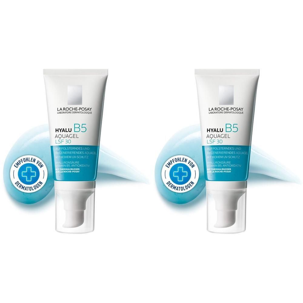 Zwei Tuben La Roche-Posay Hyalu B5 Aquagel LSF 30. Weiße Tuben mit blauem Aufdruck und Dosierkopf. Empfohlen von Dermatologen.