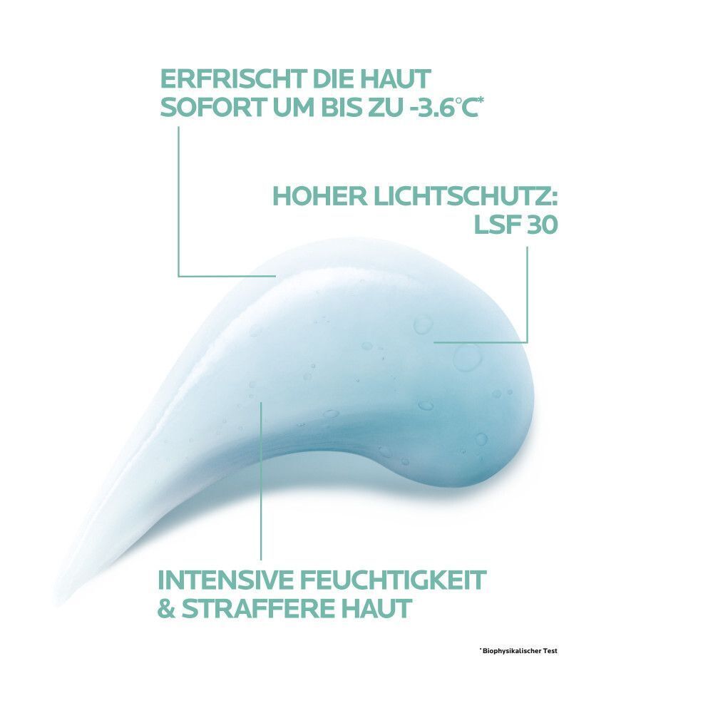 Blaues Gel. Erfrischt die Haut. Hoher Lichtschutz LSF 30. Intensive Feuchtigkeit & straffere Haut.