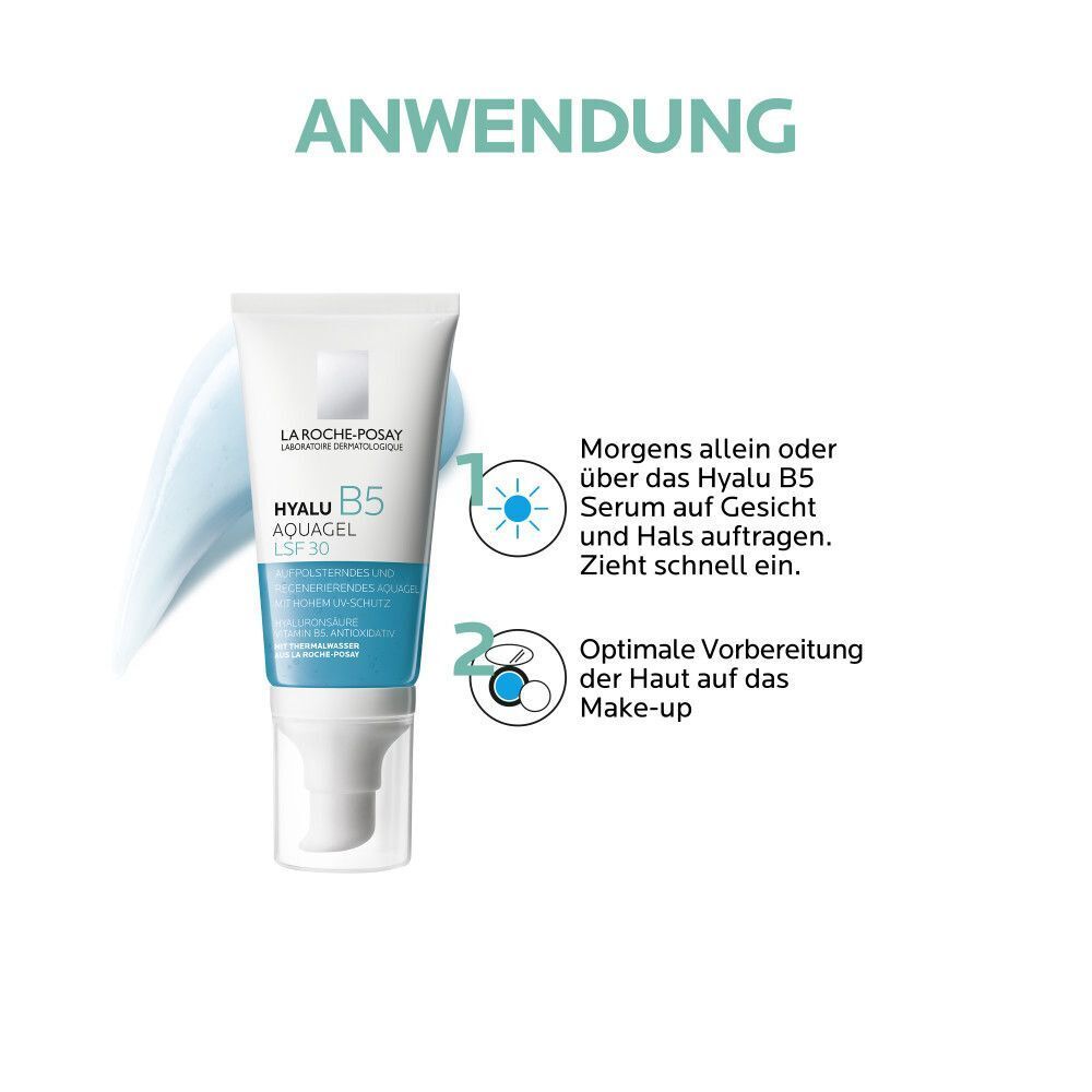 La Roche-Posay Hyalu B5 Aquagel LSF 30. Anwendung: Morgens auf Gesicht und Hals auftragen. Zieht schnell ein.