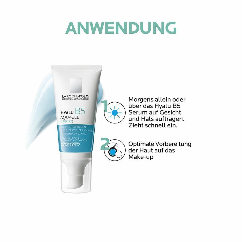 La Roche-Posay Hyalu B5 Aquagel LSF 30. Anwendung: Morgens auf Gesicht und Hals auftragen. Zieht schnell ein.