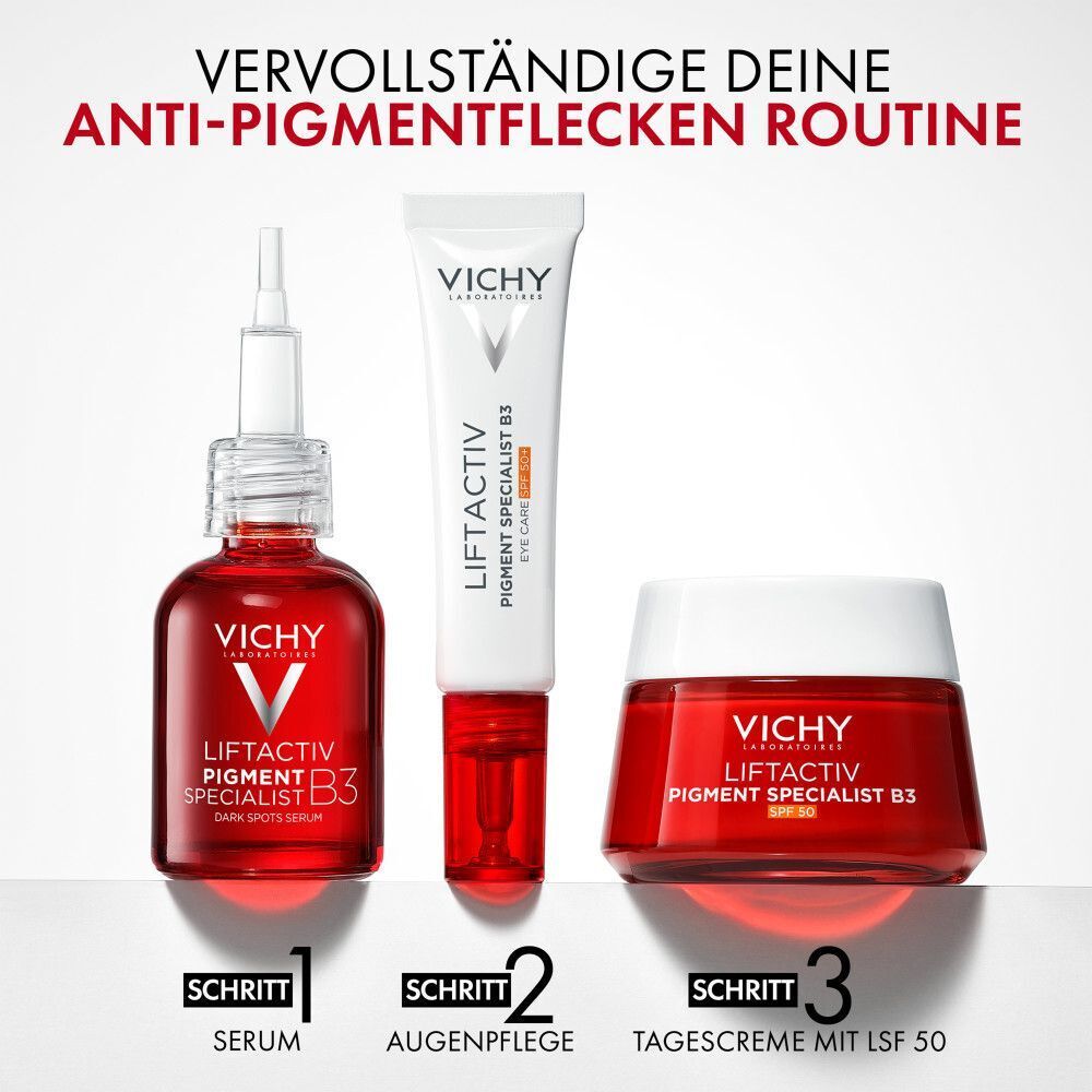 Drei Produkte: Serum, Augenpflege, Tagescreme. Text: Vervollständige deine Anti-Pigmentflecken Routine. Schritte 1-3.