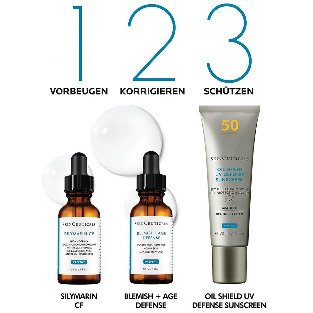 Drei Produkte: Silymarin CF, Blemish + Age Defense, Oil Shield UV Defense Sunscreen. Text: Vorbeugen, Korrigieren, Schützen.