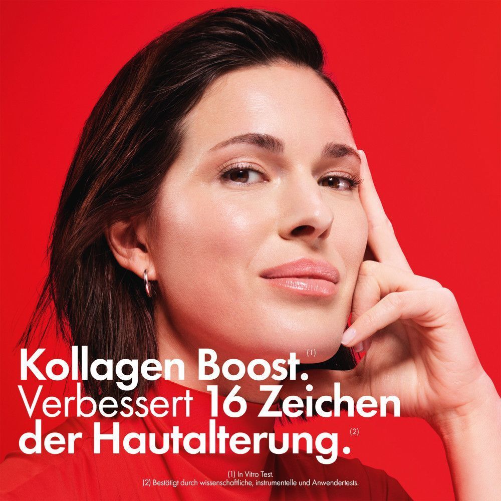 Porträt einer Frau. Text: "Kollagen Boost. Verbessert 16 Zeichen der Hautalterung."