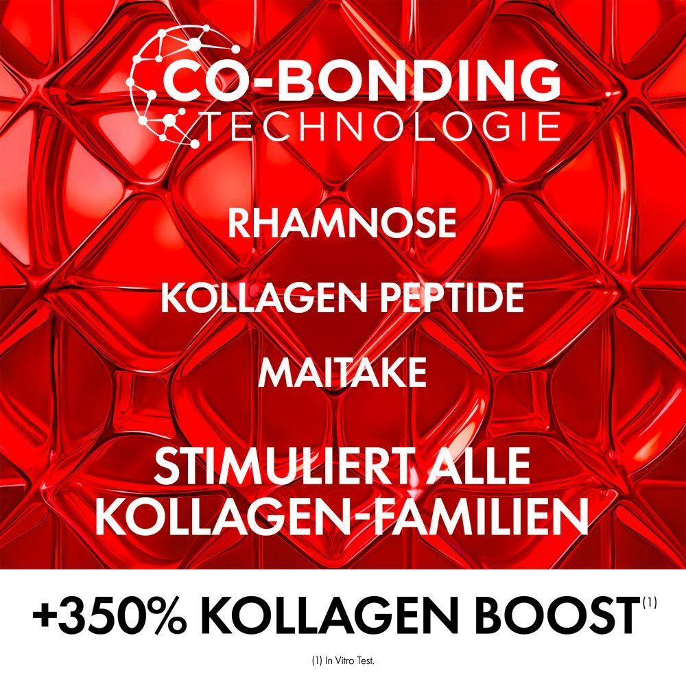 Grafik mit Text: "CO-BONDING TECHNOLOGIE", "RHAMNOSE", "KOLLAGEN PEPTIDE", "MAITAKE", "STIMULIERT, ALLE KOLLAGEN-FAMILIEN", "+350% KOLLAGEN BOOST".