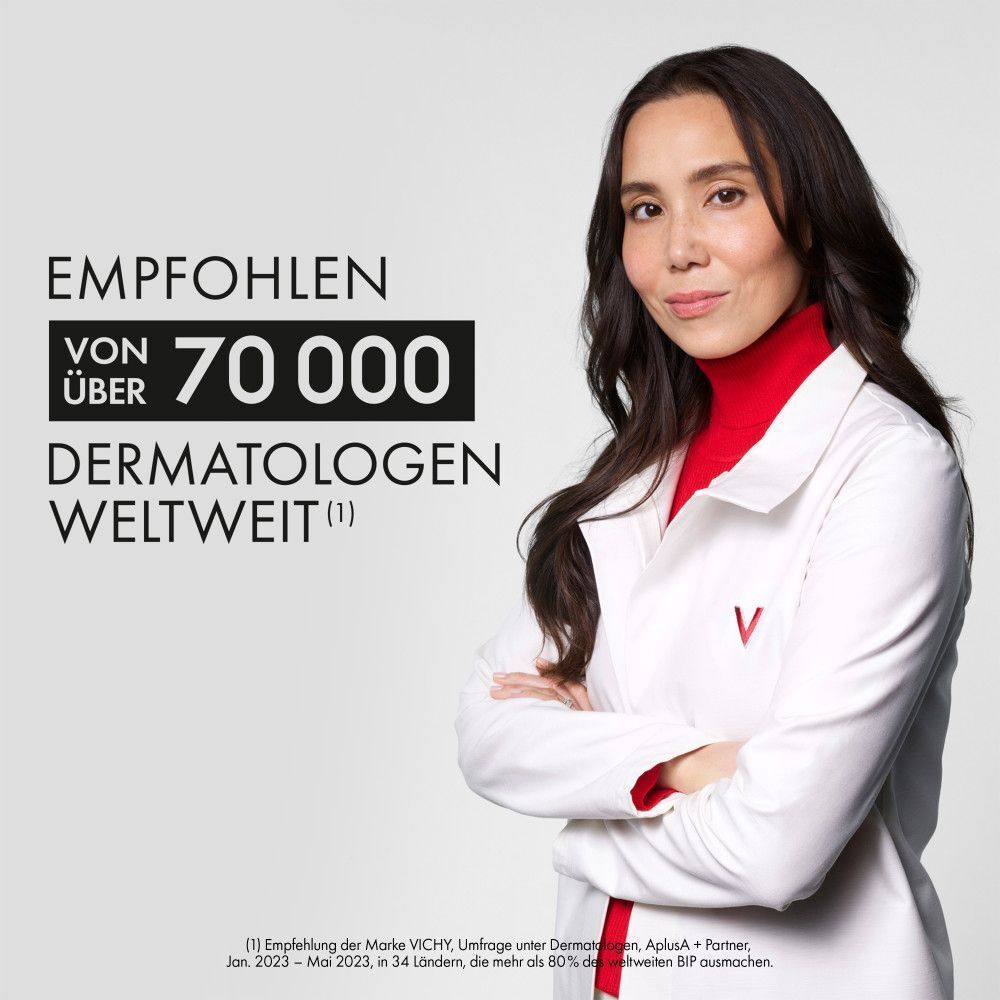 Eine Frau in einem weißen Mantel. Text: "EMPFOHLEN VON ÜBER 70 000 DERMATOLOGEN WELTWEIT".
