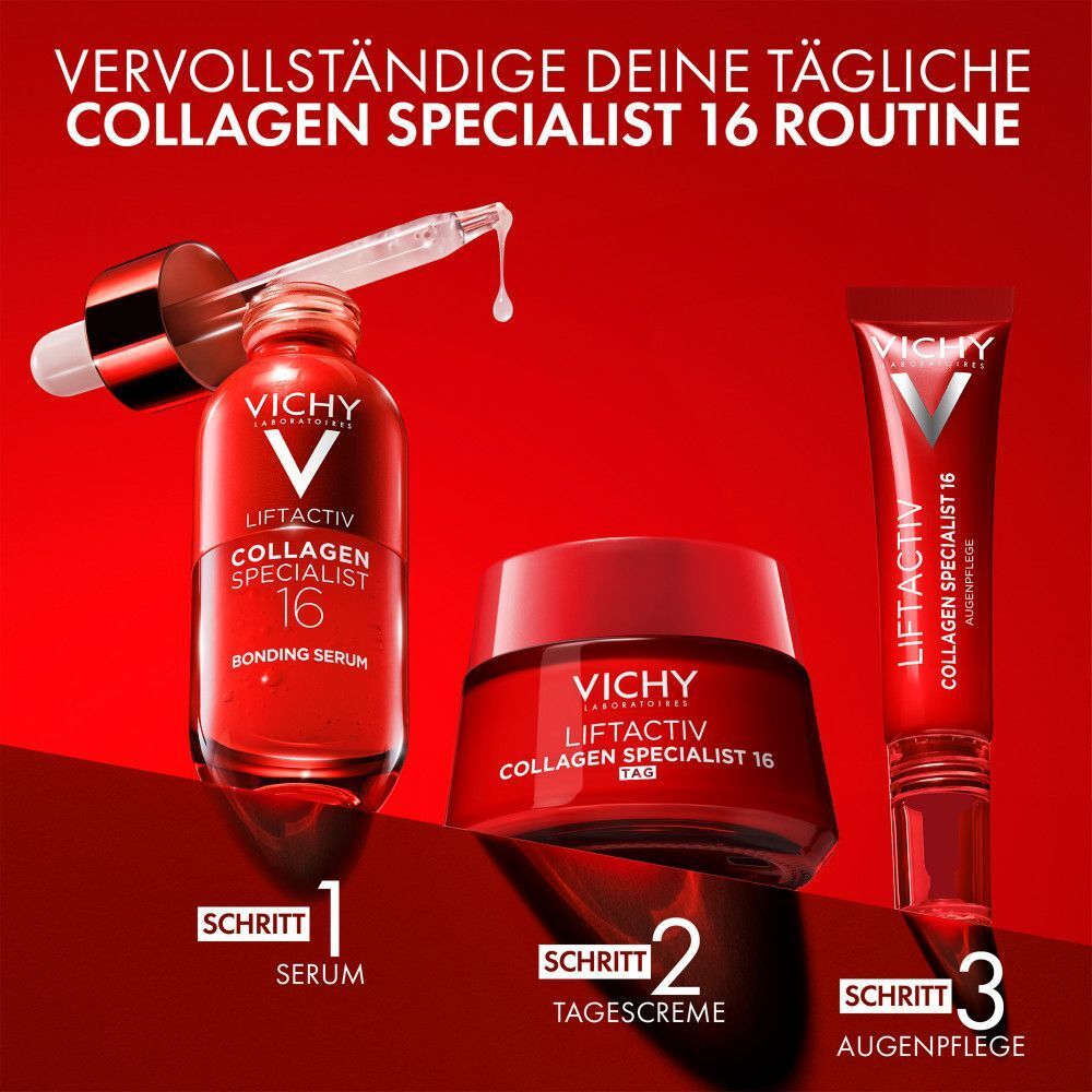 Drei Produkte auf rotem Hintergrund: Serum, Tagescreme und Augenpflege. Text: "VERVOLLSTÄNDIGE DEINE TÄGLICHE COLLAGEN SPECIALIST 16 ROUTINE".