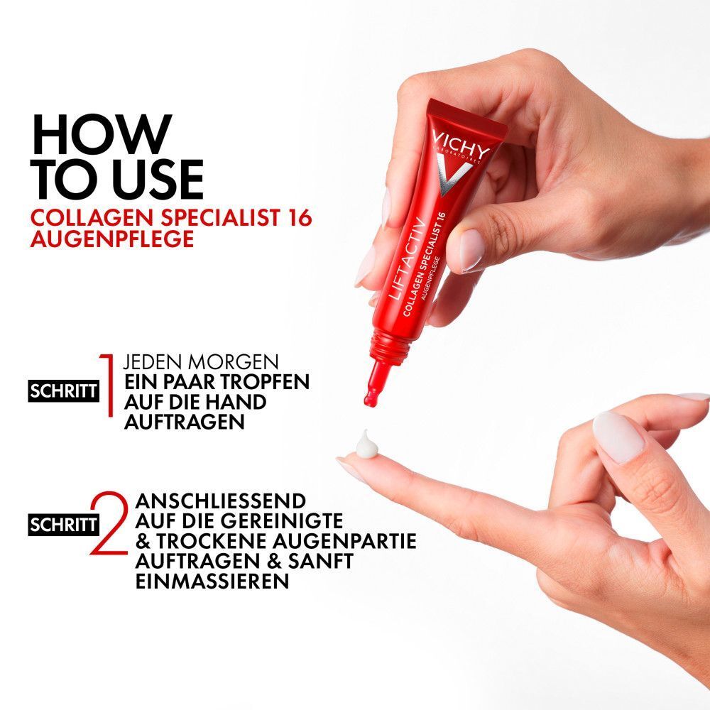 Hände halten eine Tube Augenpflege. Text: "HOW TO USE COLLAGEN SPECIALIST 16 AUGENPFLEGE".