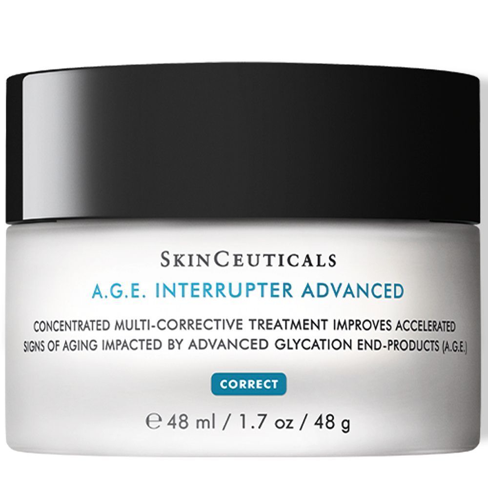Creme-Tiegel mit schwarzem Deckel. Aufschrift: SKINCEUTICALS A.G.E. Interrupter Advanced. 48 ml.