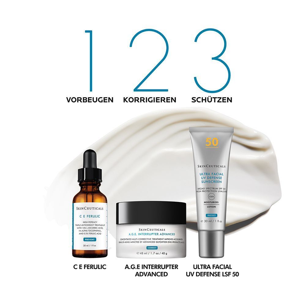 Drei Produkte: C E Ferulic, A.G.E. Interrupter Advanced, Ultra Facial UV Defense LSF 50. Text: Vorbeugen, Korrigieren, Schützen.