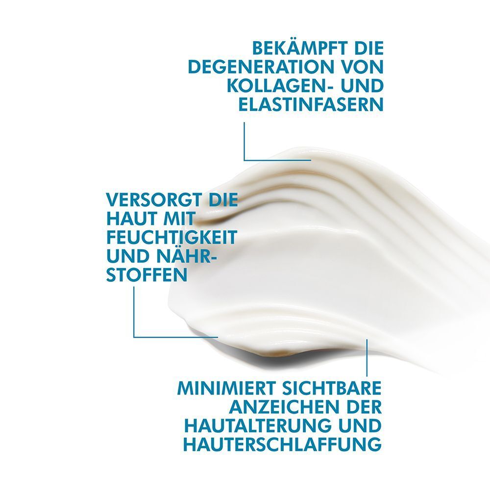Grafik mit Text. Bekämpft Degeneration von Kollagen- und Elastinfasern. Versorgt die Haut mit Feuchtigkeit. Minimiert Zeichen.