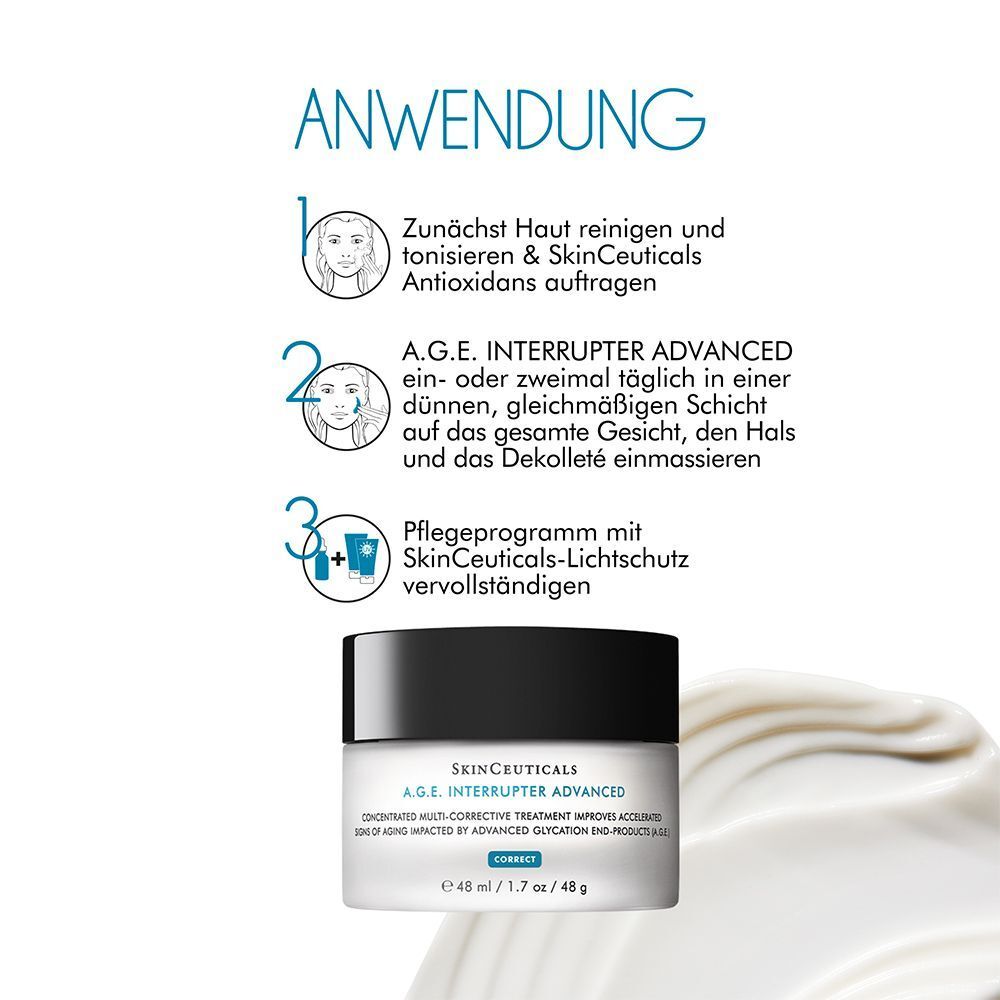 Anwendungsschritte. 1. Reinigen und Antioxidantien auftragen. 2. Creme auftragen. 3. Lichtschutz verwenden.