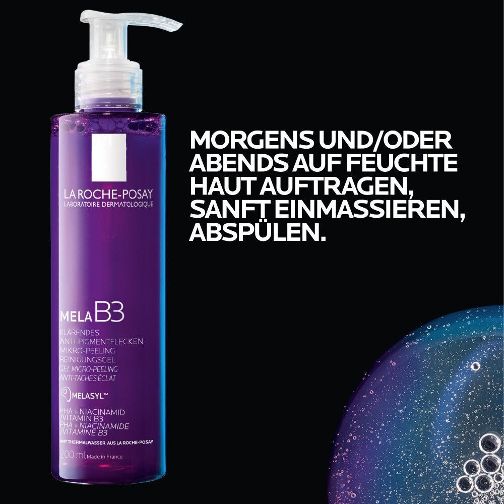 ROCHE-POSAY MELA B3 Reinigung Gel. Lila Flasche mit weißem Pumpverschluss. Text: Morgens und/oder abends auf feuchte Haut auftragen.