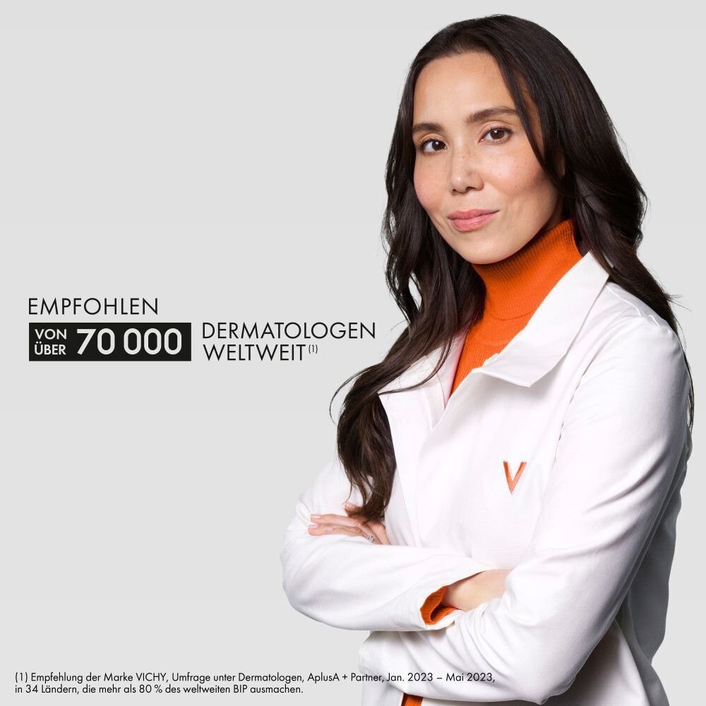 Frau im weißen Kittel. Text: Empfohlen von über 70.000 Dermatologen weltweit. Logo: VICHY.