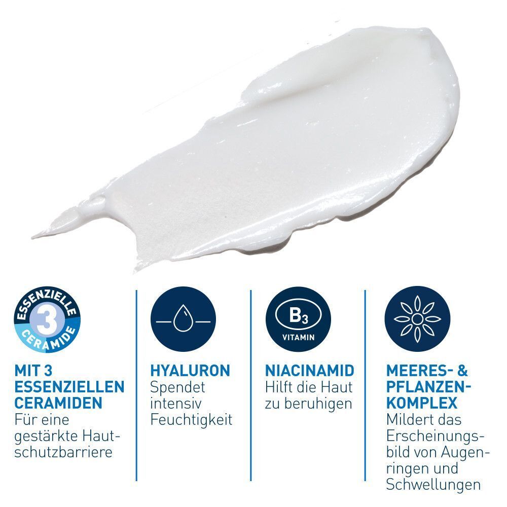 Weißer Creme-Klecks mit Symbolen: 3 Ceramide, Hyaluron, Niacinamid, Meeres- & Pflanzenkomplex. Blaue Symbole.