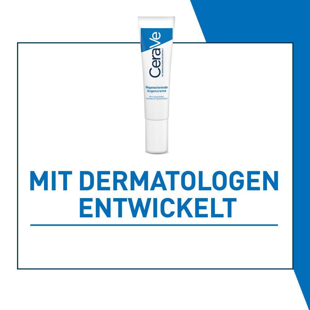 CeraVe Augencreme-Tube. Text: Mit Dermatologen entwickelt. Weiß-blaues Design. Auf blauem Hintergrund.