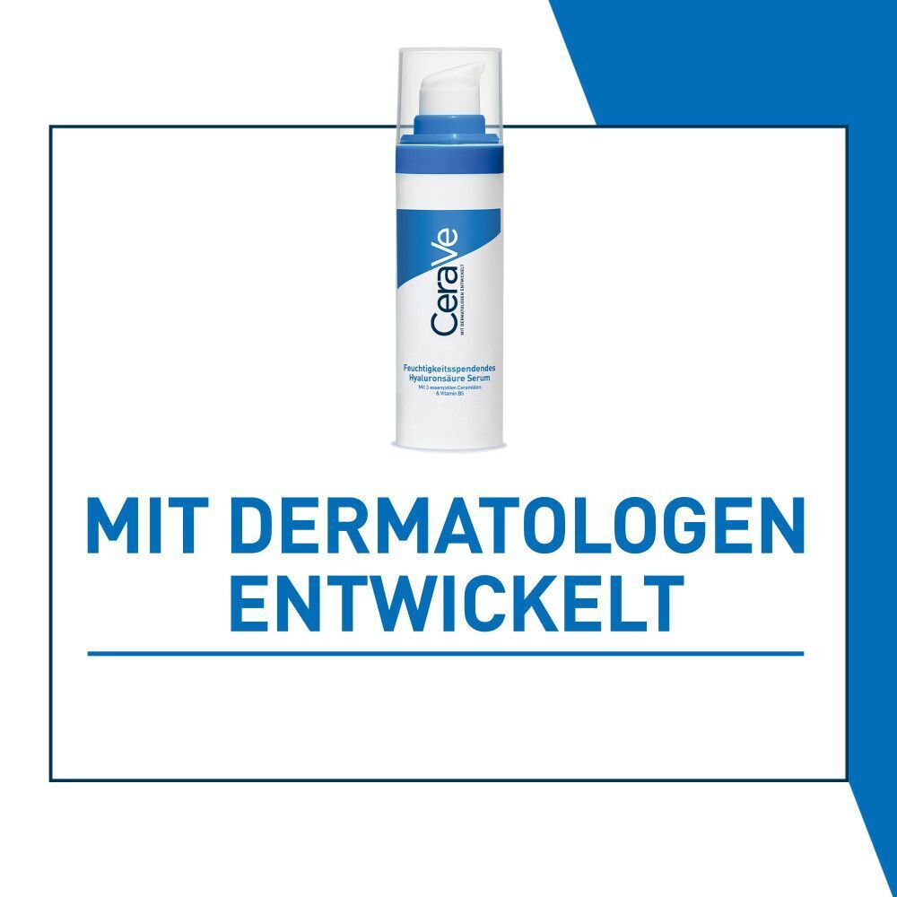 CeraVe Hyaluronsäure Serum. Weiße Flasche mit blauem Deckel. Mit Dermatologen entwickelt.